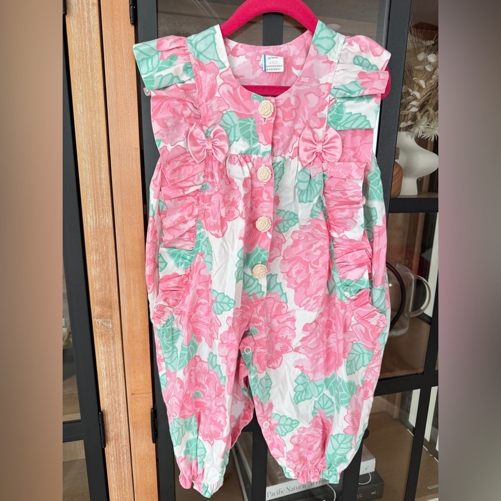 Vintage 80s floral jumpsuit baby girl bows roses coverall romper quirky colorful